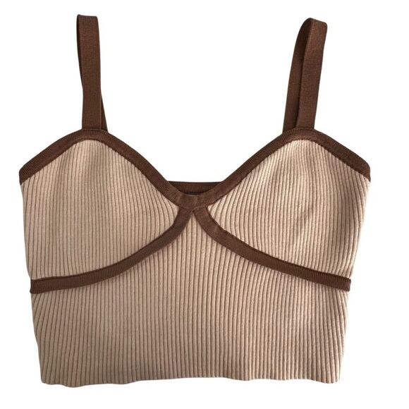 Lush Ribbed Cropped Top Size M Tan Neutral Minimalist Clean Girl Boho 70's - Picture 1 of 7